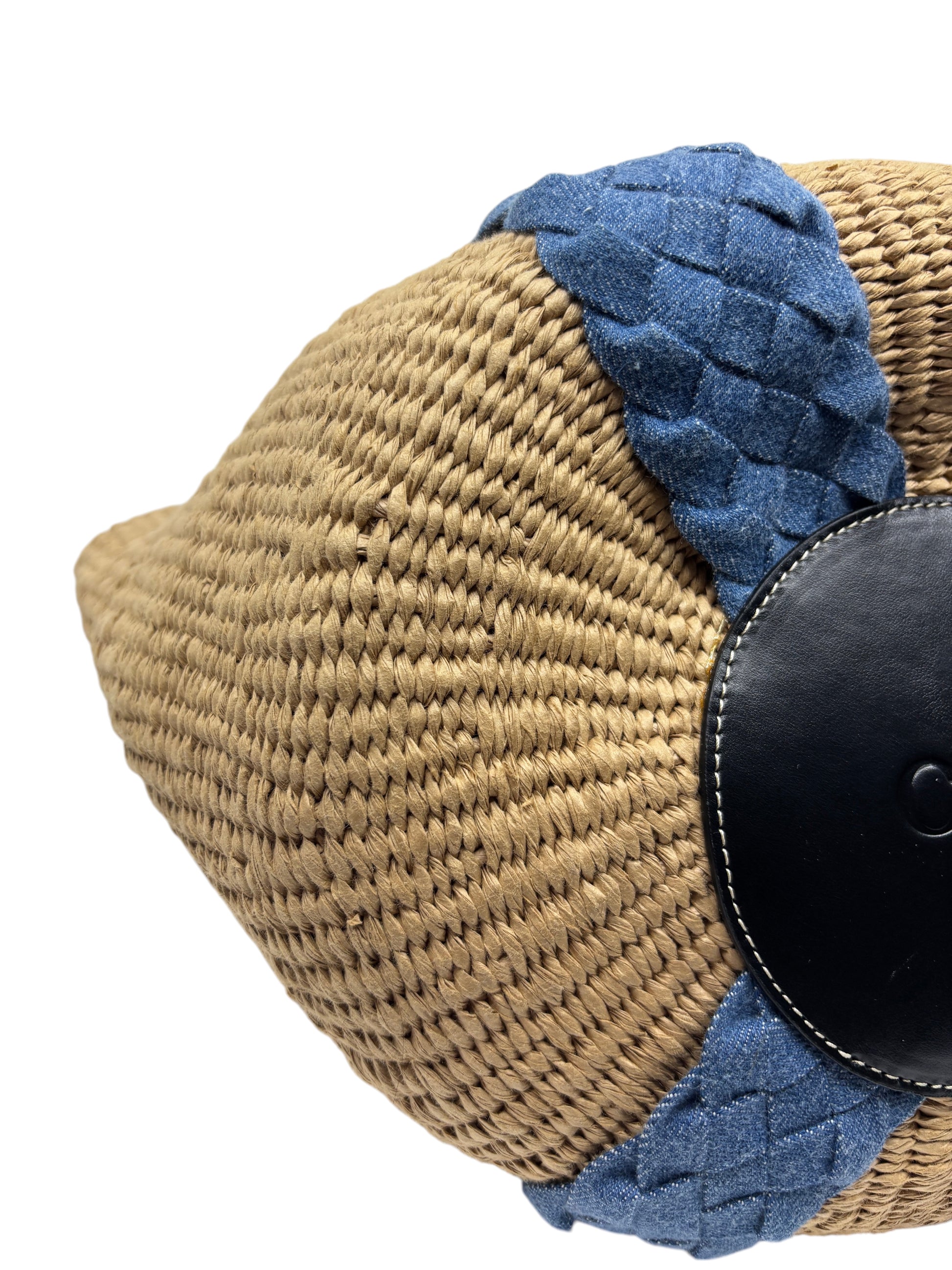 Posh Purse Co. Chloe Woody basket bag featuring natural woven straw texture with blue braided denim and black leather