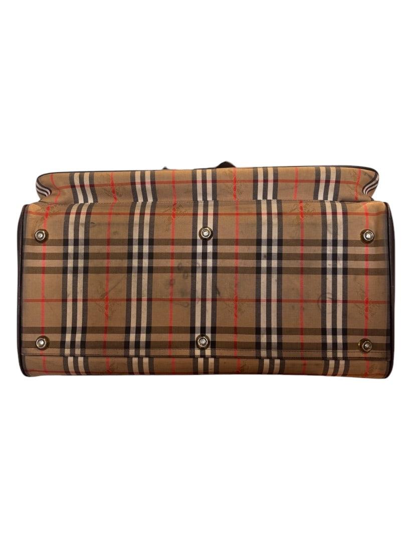 Posh Purse Co. Classic Plaid Weekend Duffle Bag in beige, black, red, and white with dark brown leather accents.