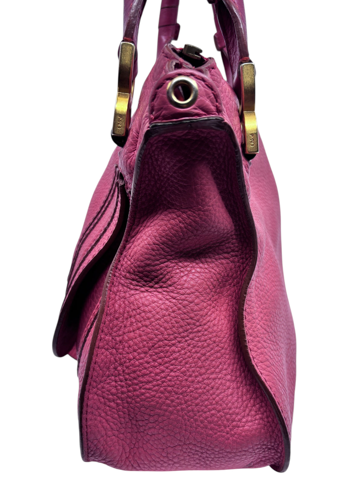 Posh Purse Co. preowned Chloé Marcie medium satchel in coral leather with signature curved stitching and gold hardware