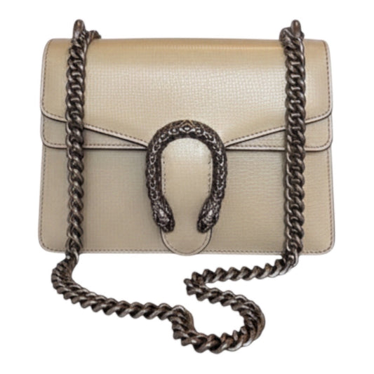 Posh Purse Co. cream leather Gucci Dionysus shoulder bag with antique silver tiger head closure and chain strap.