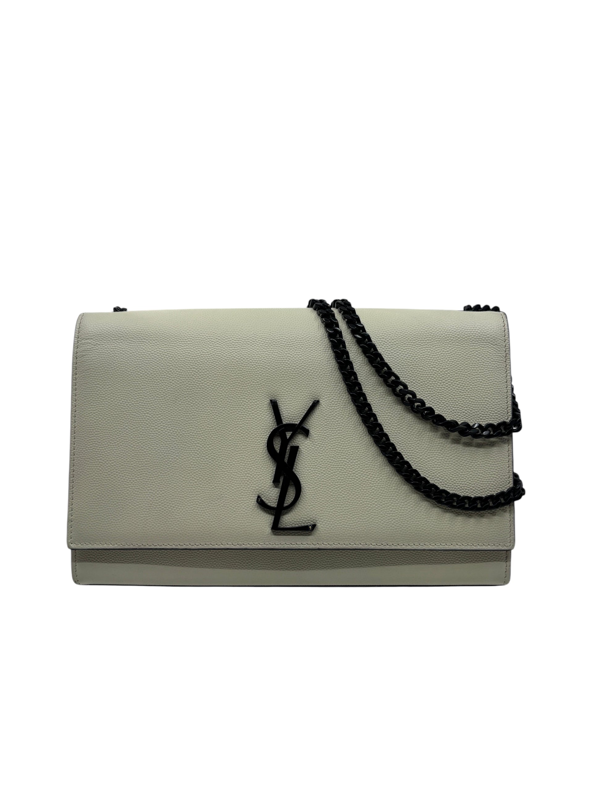 Posh Purse Co. creme Saint Laurent Kate crossbody bag featuring a signature YSL logo and black chain strap.
