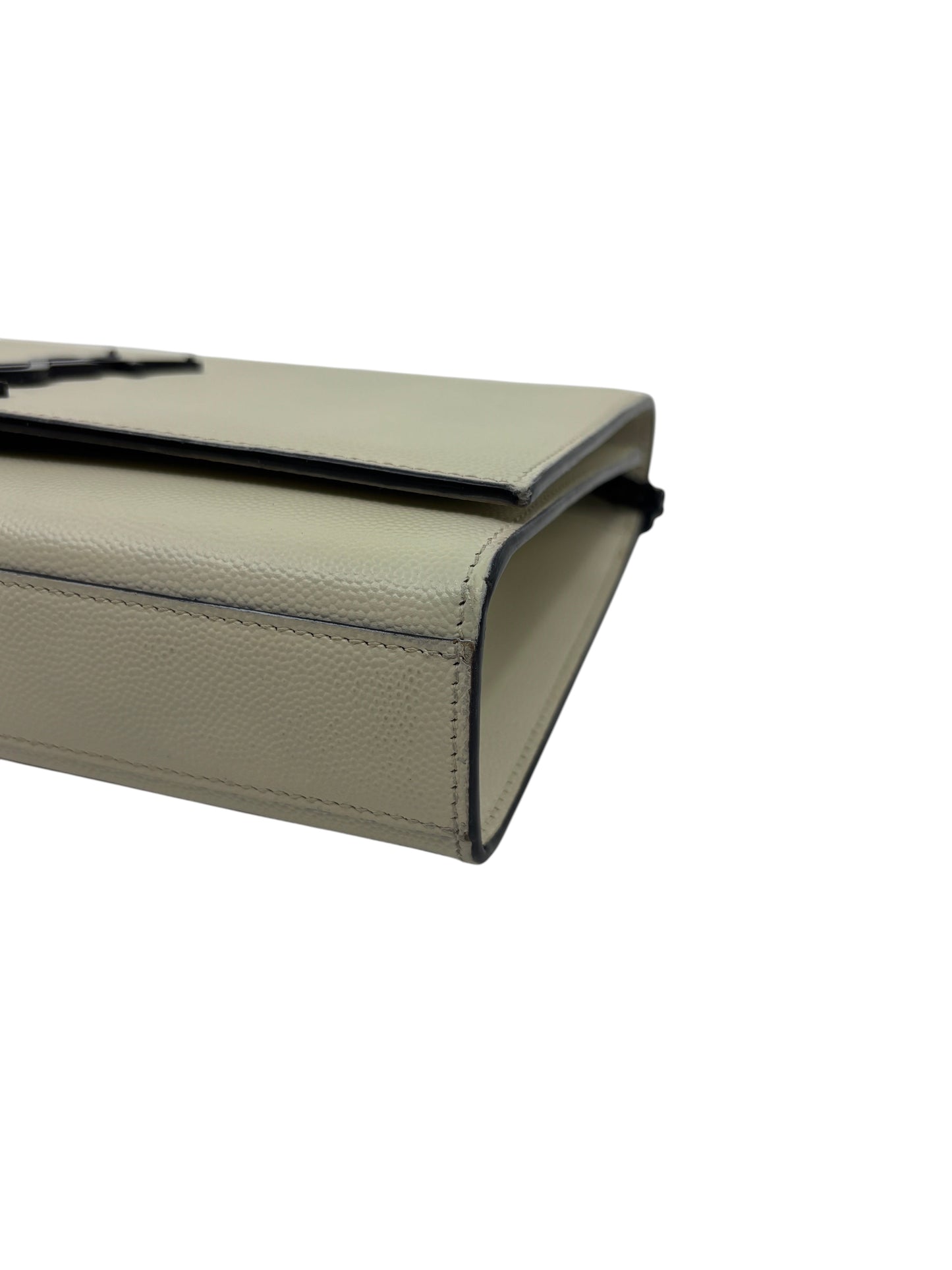 Posh Purse Co. creme Saint Laurent YSL Kate crossbody bag with textured leather and black hardware side view