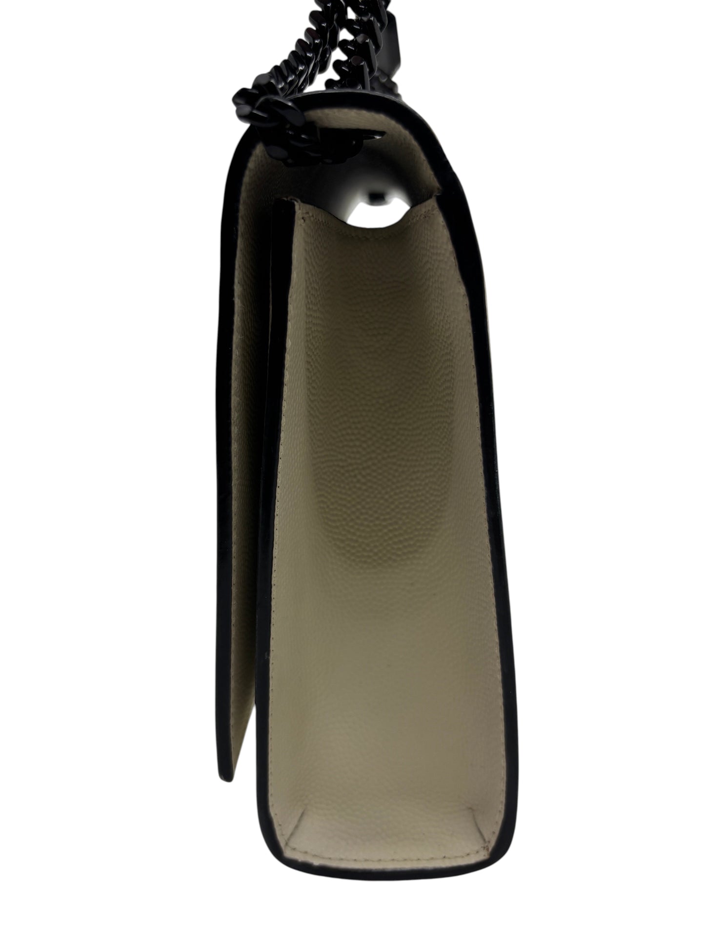 Side view of a Posh Purse Co. creme Saint Laurent Kate crossbody bag featuring black hardware and textured leather.