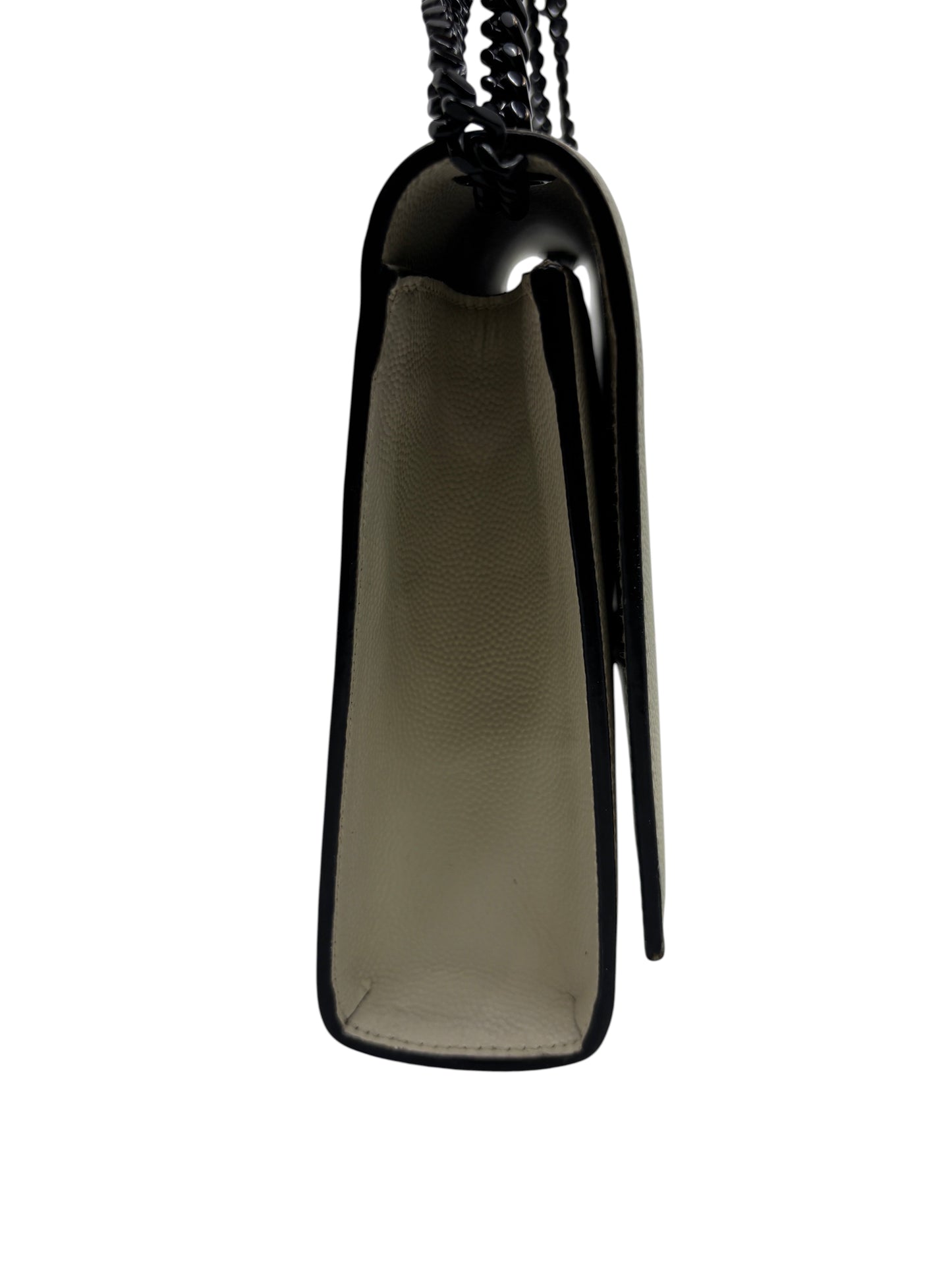 Posh Purse Co. creme Saint Laurent Kate crossbody bag side profile showing textured leather and black chain strap