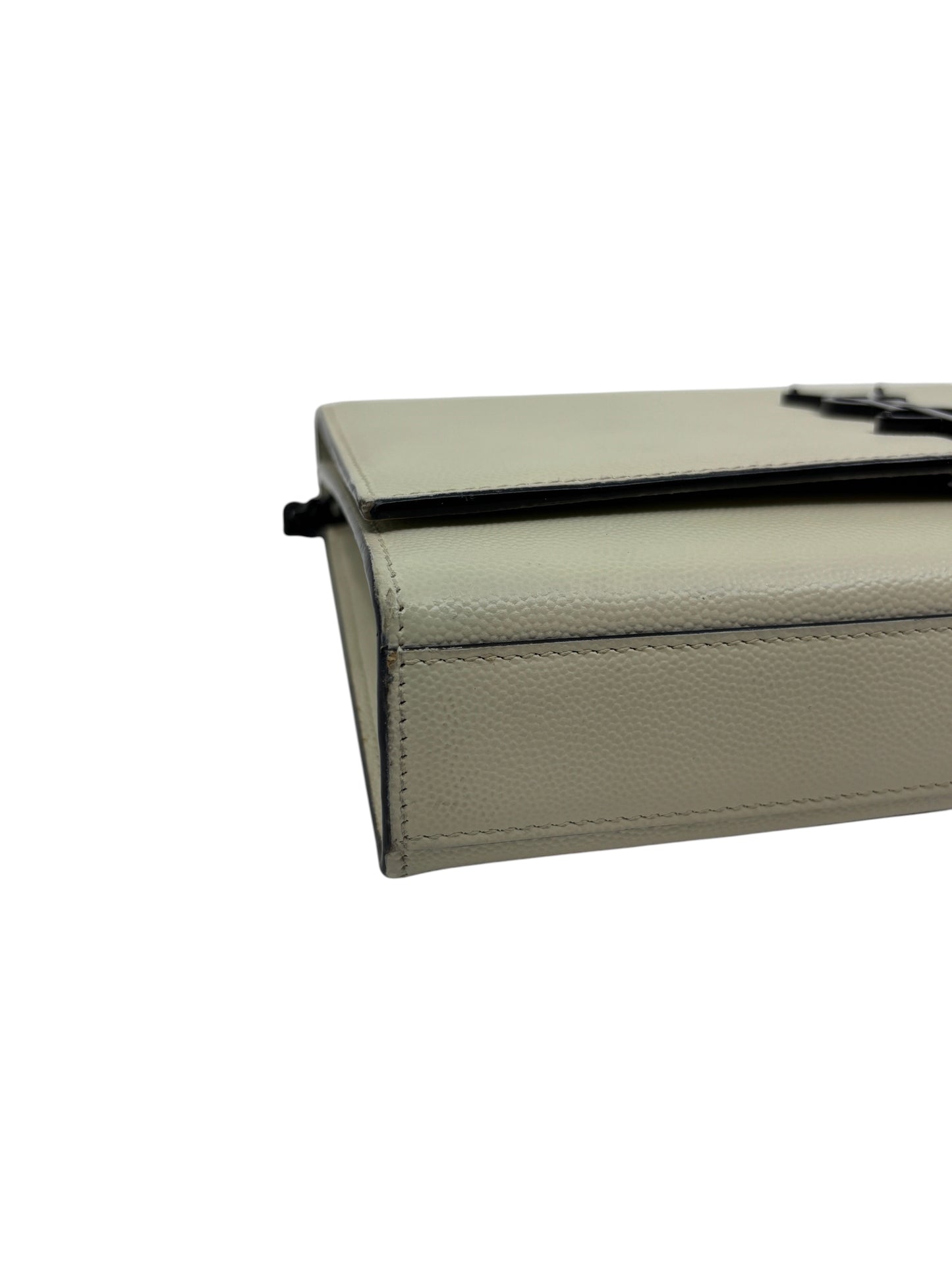 Posh Purse Co. creme Saint Laurent Kate crossbody bag with textured leather and black hardware side profile