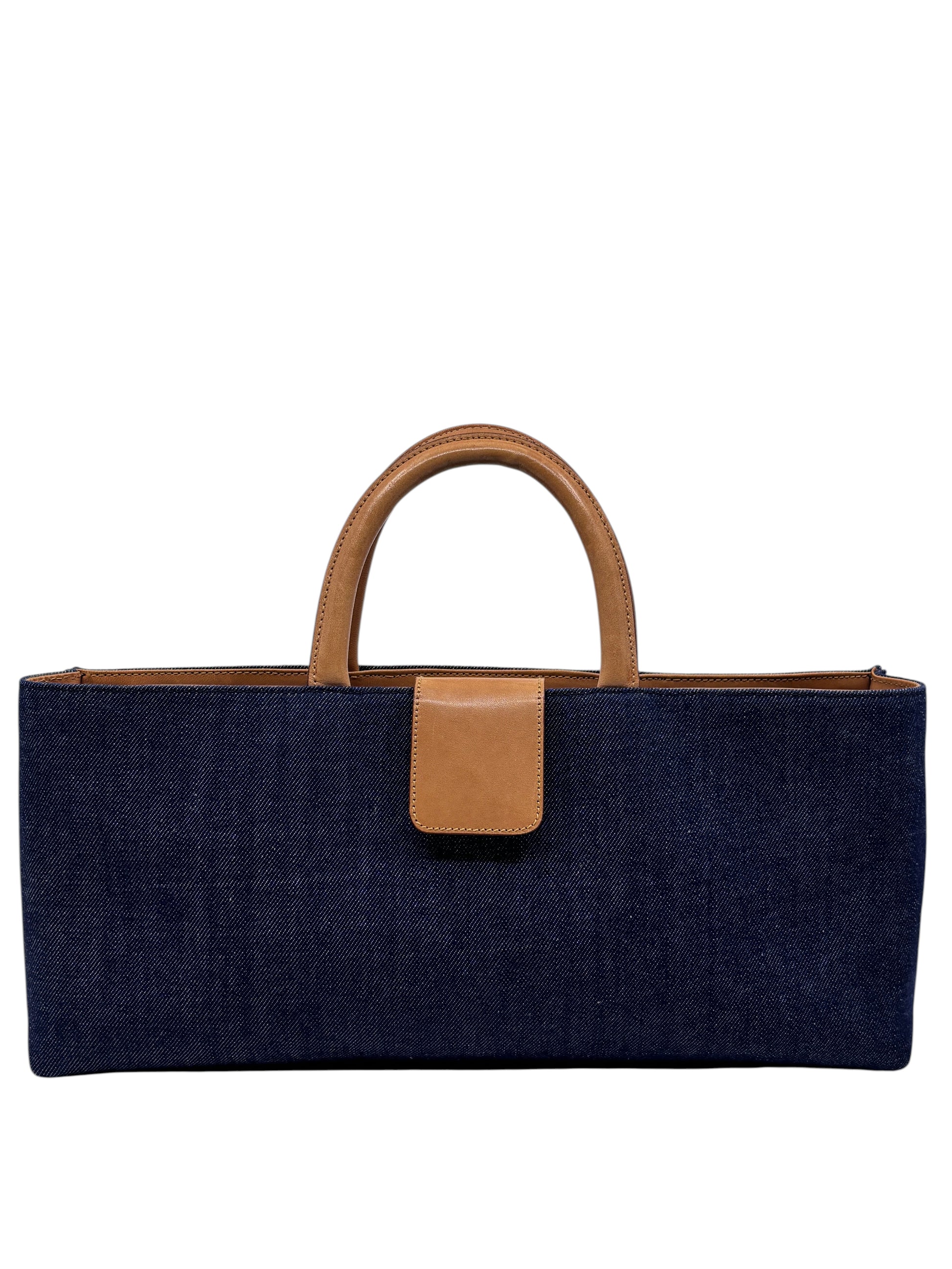 Posh Purse Co Burberry denim tote bag with dark blue fabric and tan leather top handles and magnetic closure