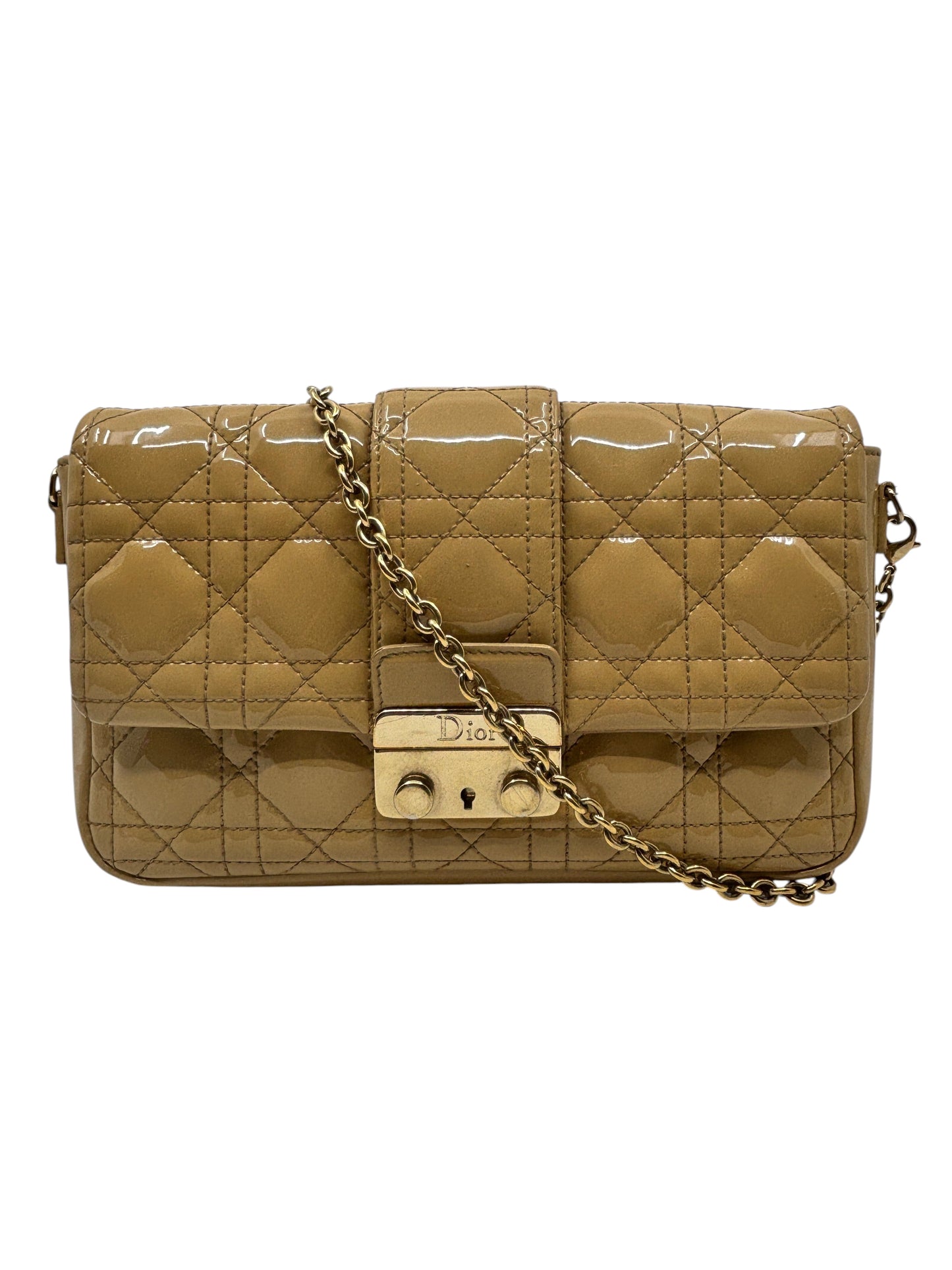 Posh Purse Co beige patent leather Dior Miss Dior Promenade bag with signature Cannage quilting and gold chain strap.