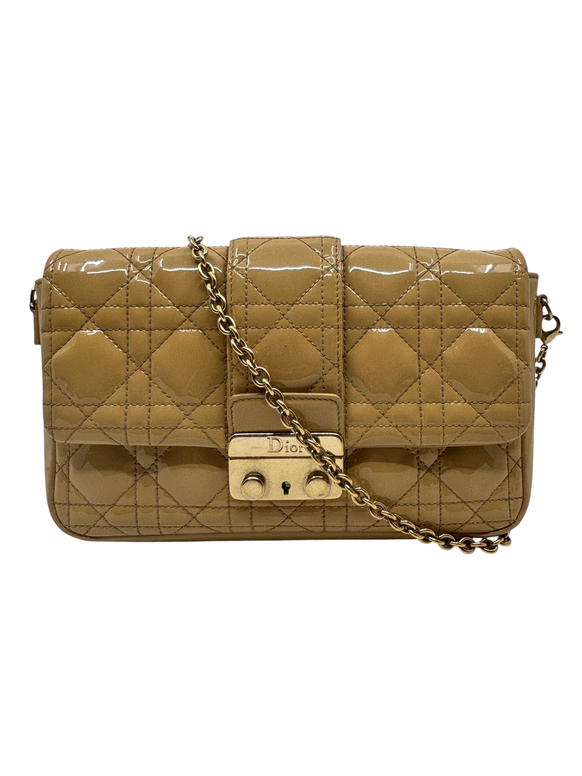 Posh Purse Co beige patent leather Dior Miss Dior Promenade bag with signature Cannage quilting and gold chain strap.