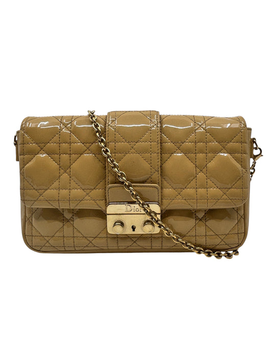 Posh Purse Co beige patent leather Dior Miss Dior Promenade bag with signature Cannage quilting and gold chain strap.