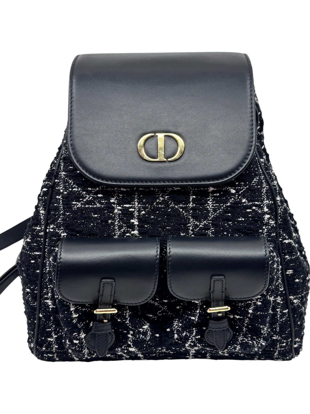 Posh Purse Co Dior Caro backpack in black tweed with signature Cannage pattern, leather trim, and gold CD hardware.