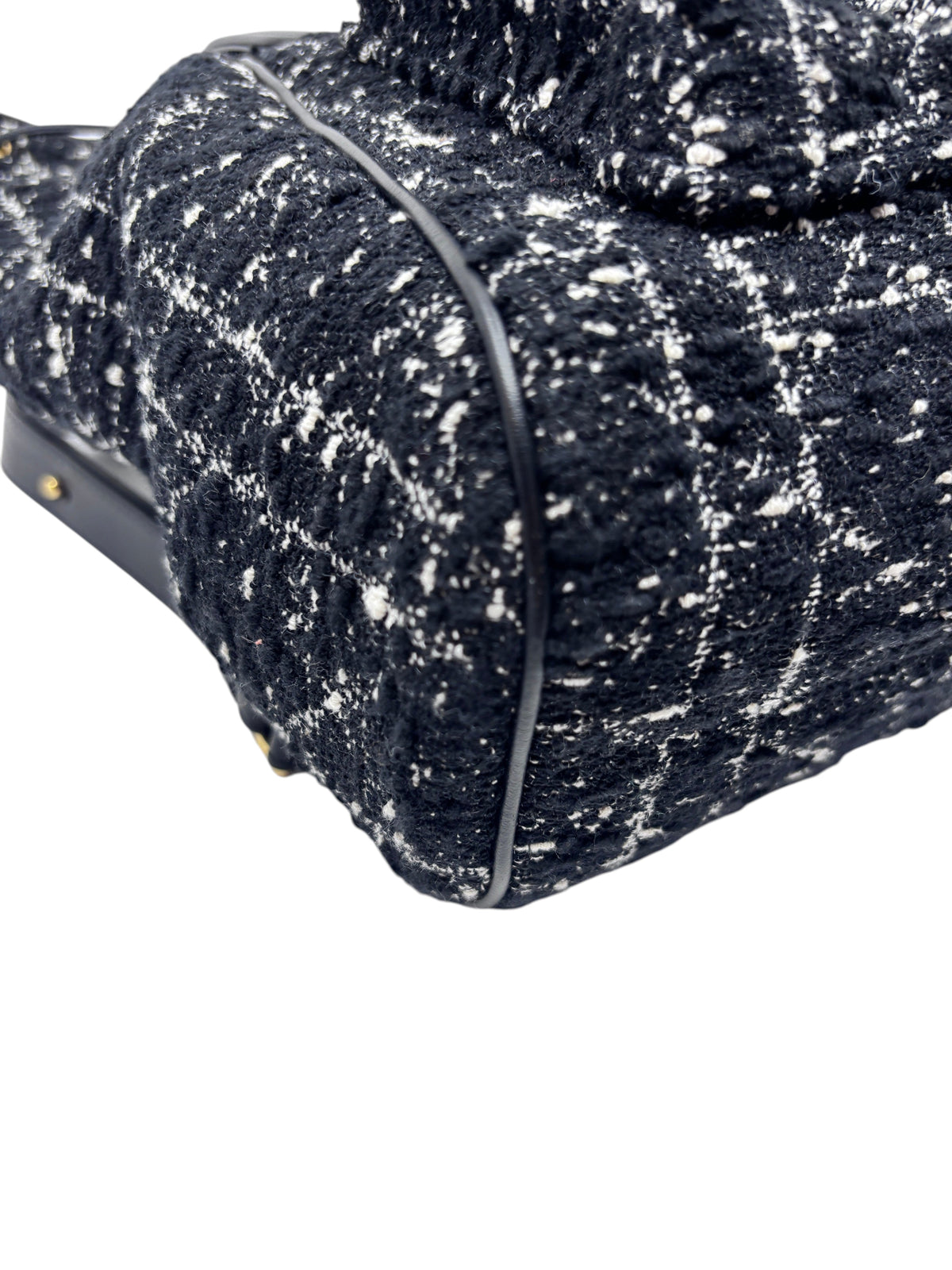 Posh Purse Co Dior Caro backpack in black tweed with signature Cannage pattern and leather trim detail