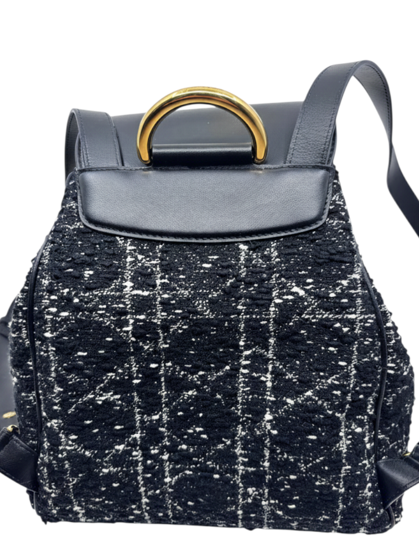 Posh Purse Co Dior Caro backpack in black tweed with signature Cannage pattern and gold-tone hardware