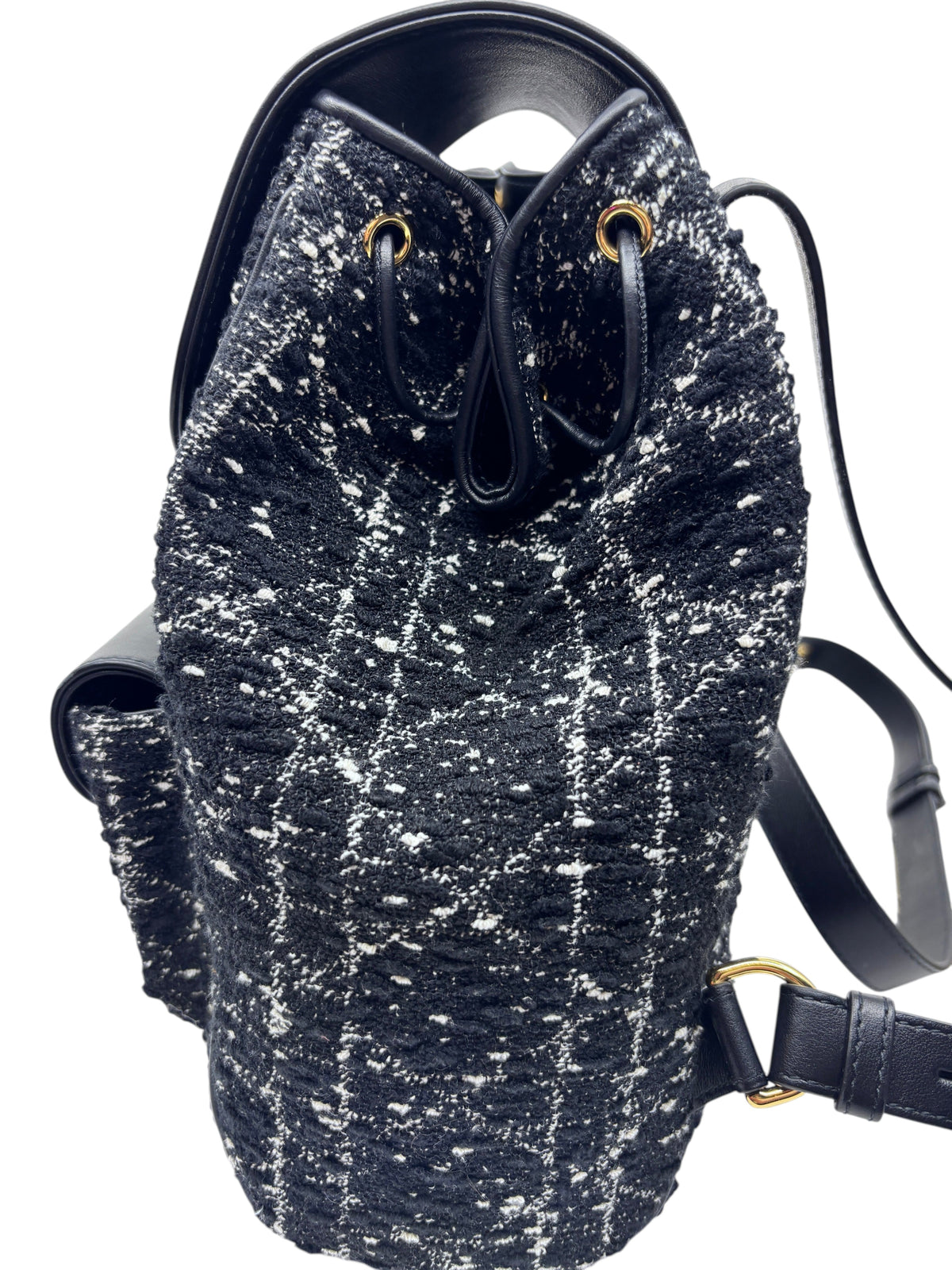 Posh Purse Co Dior Caro backpack in black and white tweed with signature Cannage pattern and gold-tone hardware