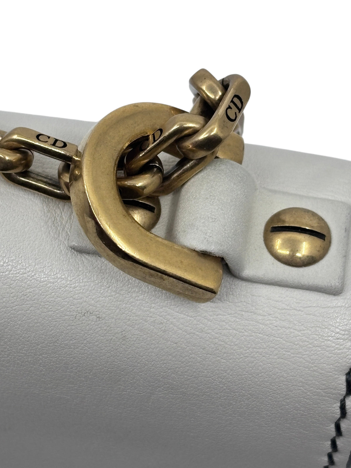 Posh Purse Co ivory Dior J'adior chain flap bag featuring antique gold-tone hardware with CD logo detailing