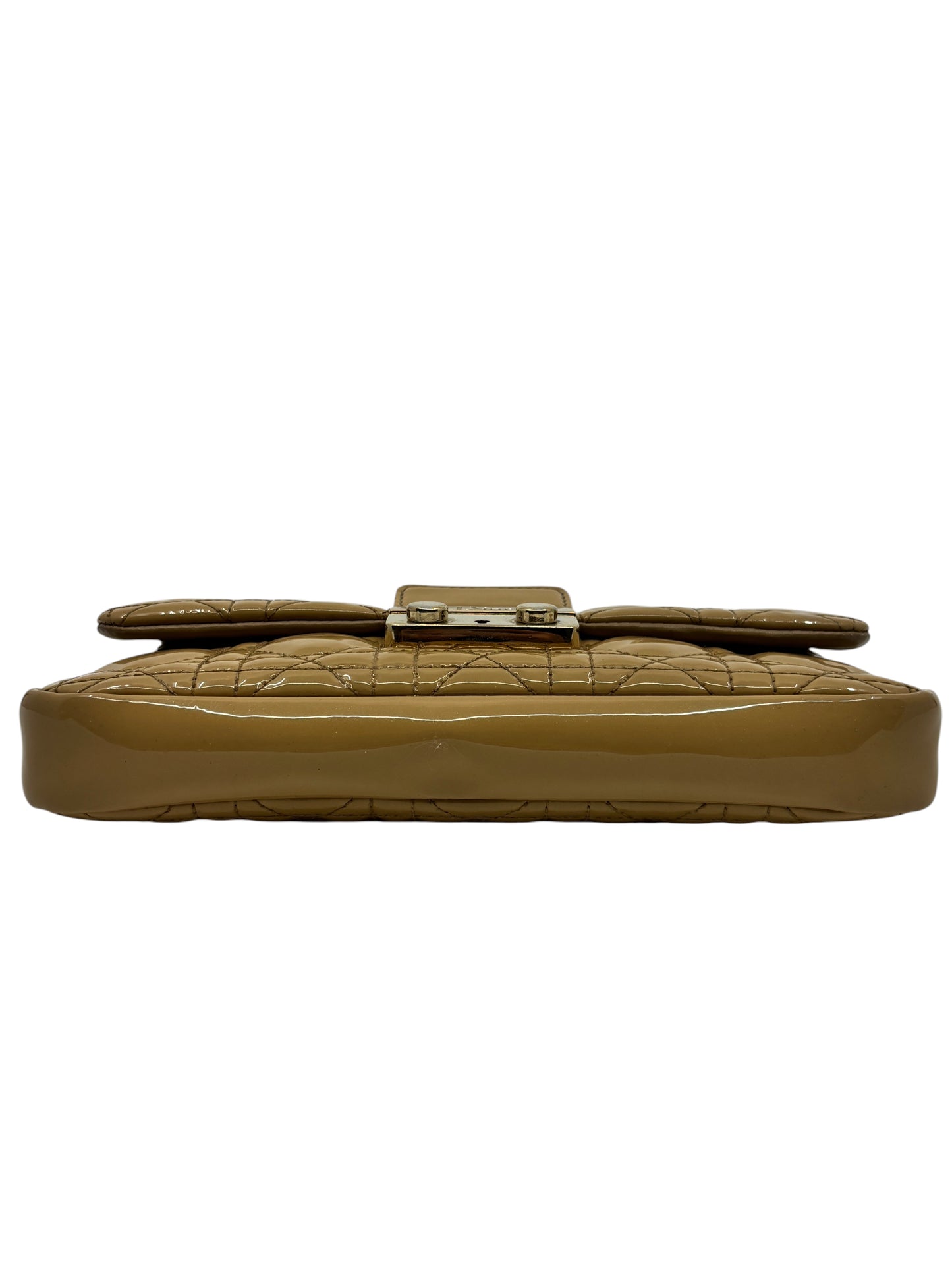 Posh Purse Co Dior Miss Dior Promenade bag in beige patent leather with signature Cannage quilting, top view.