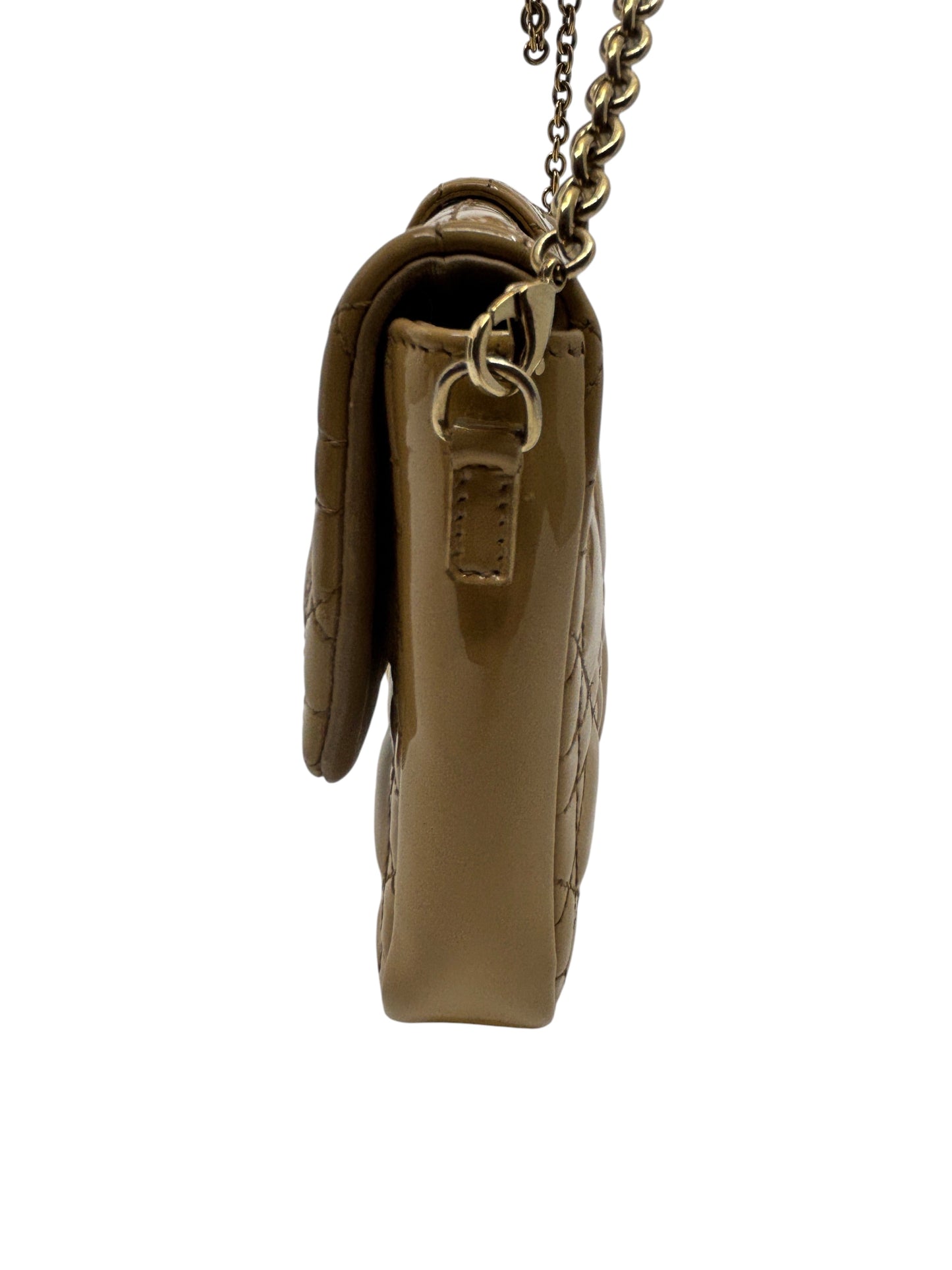 Posh Purse Co beige patent leather Dior Miss Dior Promenade bag with Cannage quilting and gold chain strap side view