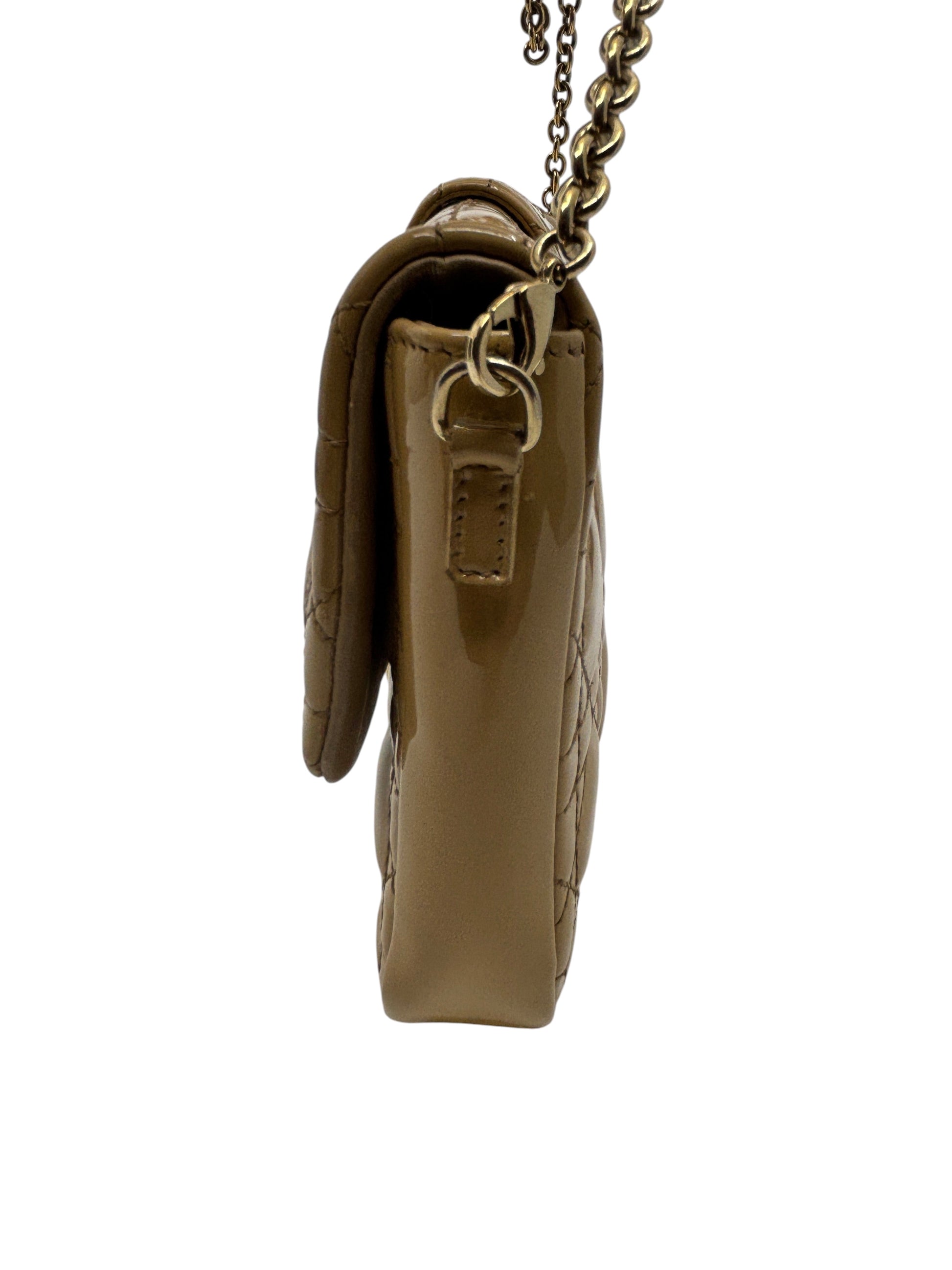 Posh Purse Co beige patent leather Dior Miss Dior Promenade bag with Cannage quilting and gold chain strap side view