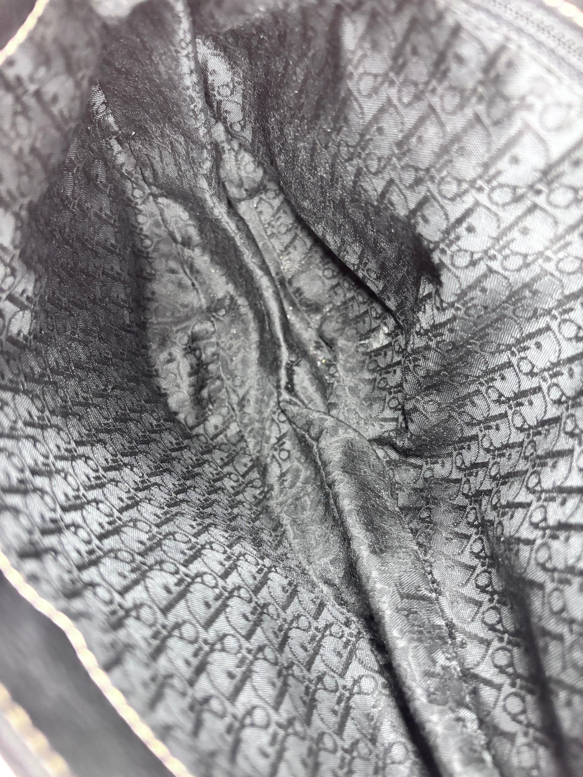 Interior lining of a Posh Purse Co black Dior Baudrier Saddle Bag featuring the signature Dior monogram fabric pattern