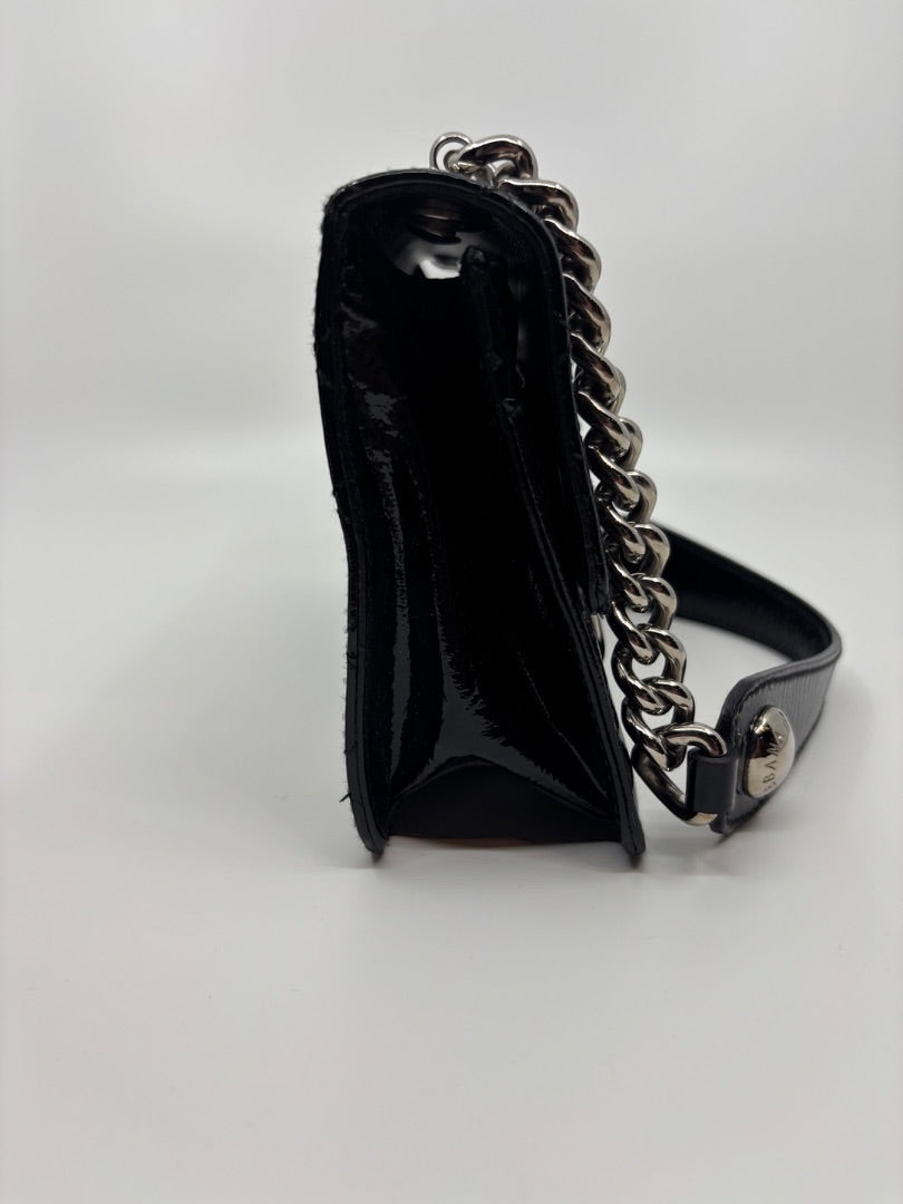 Posh Purse Co. Dolce & Gabbana black patent leather shoulder bag with silver chain strap and hardware.