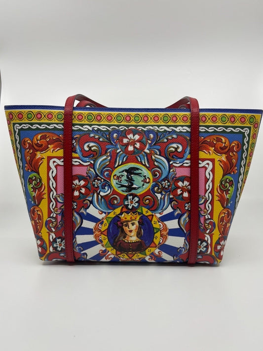 Posh Purse Co. Dolce & Gabbana Dauphine Escape tote bag with a colorful Renaissance-inspired print and red leather straps.