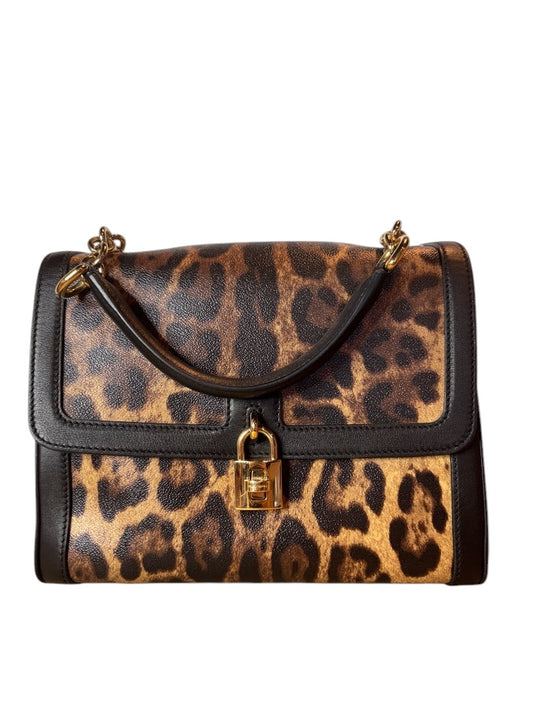 Posh Purse Co. Dolce & Gabbana leopard print leather handbag with gold lock and chain strap.
