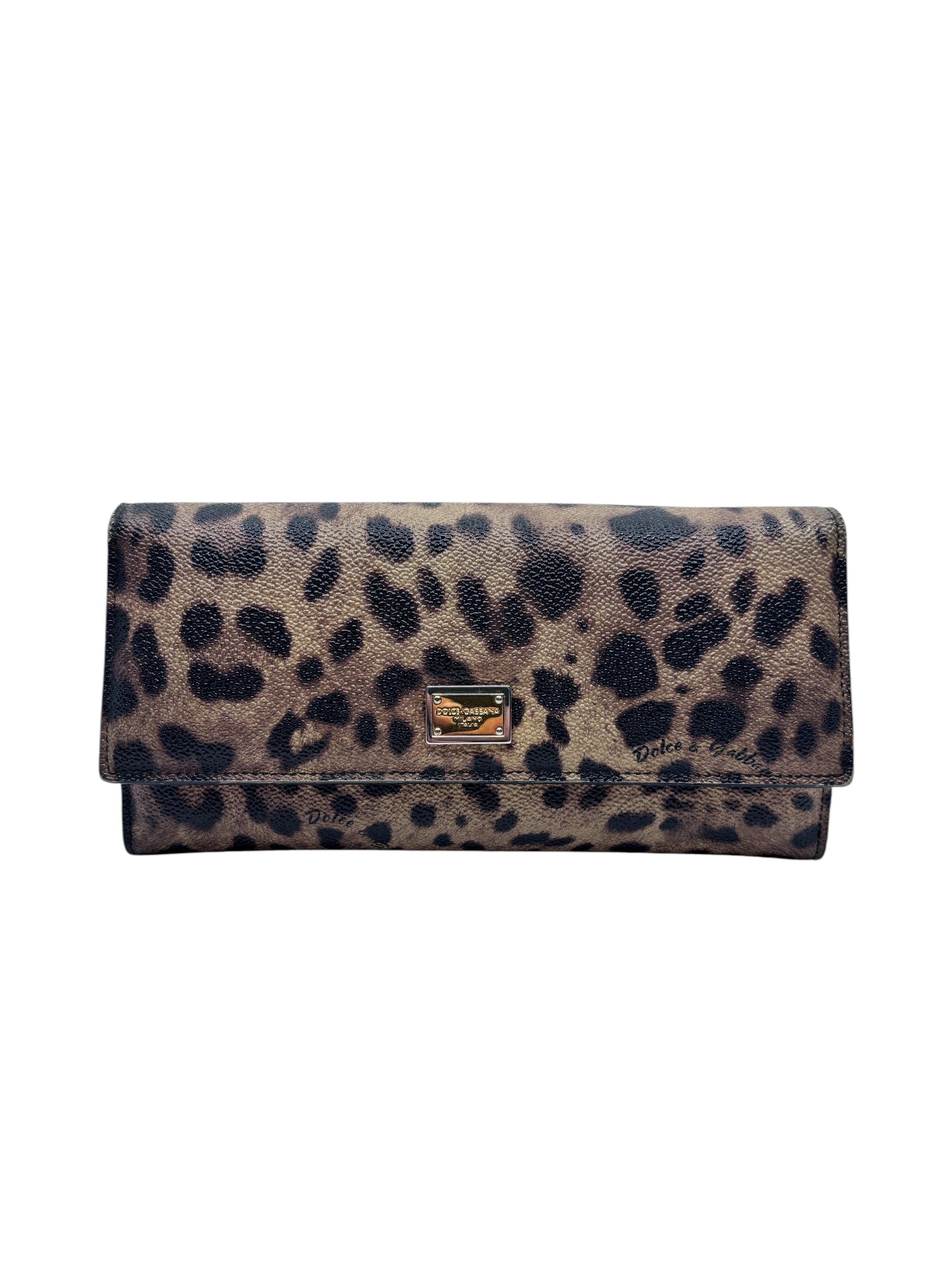 Posh Purse Co Dolce and Gabbana leopard print wallet with a gold logo plaque on a white background