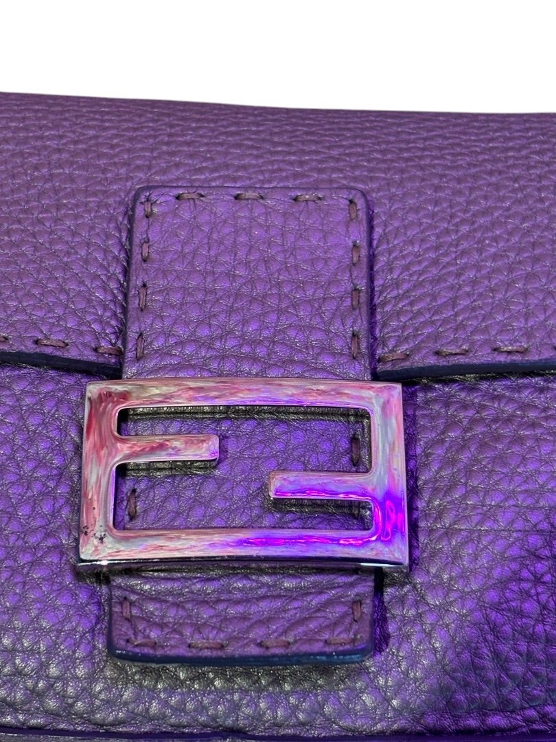 Posh Purse Co. Fendi Baguette metallic leather shoulder bag with silver FF logo hardware. Preloved condition.
