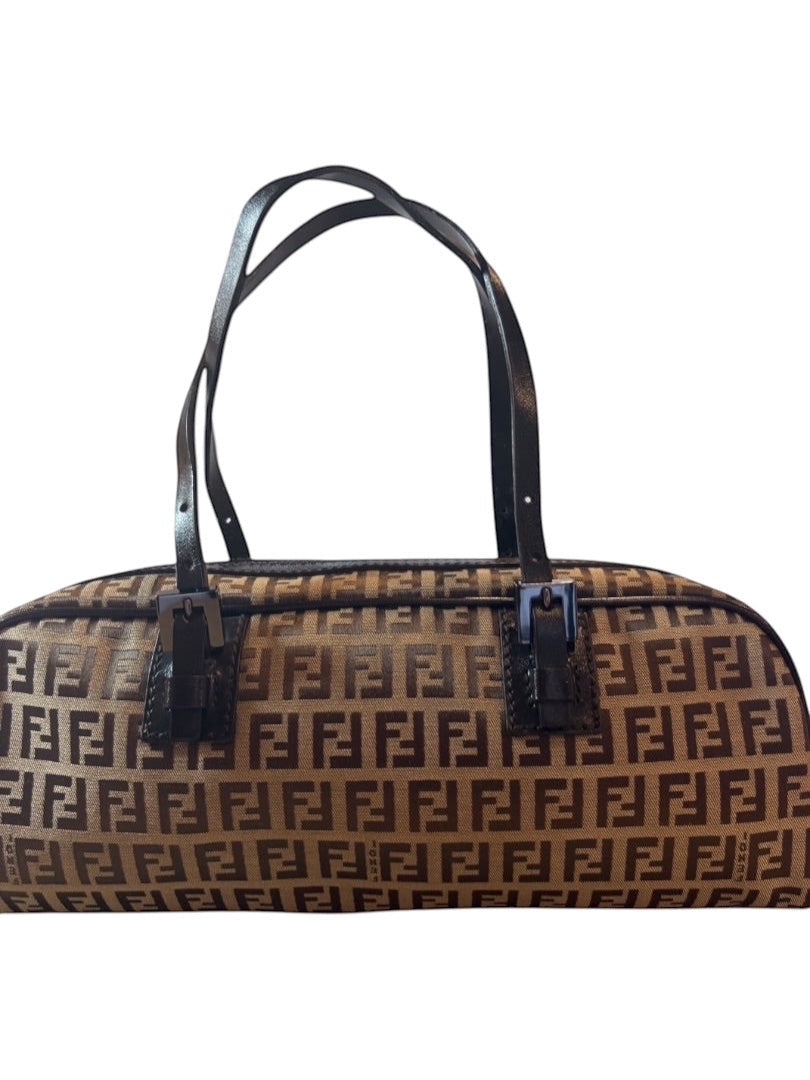 Posh Purse Co Fendi Barrel Bauletto bag in brown Zucca canvas with dark brown leather trim and handles. Features signature FF logo pattern.
