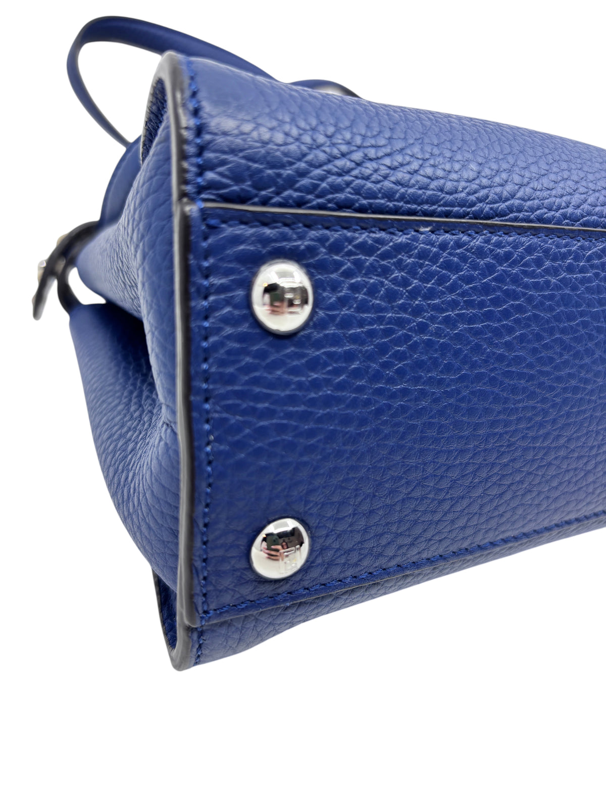 Posh Purse Co. Fendi Selleria Peekaboo Mini bag in blue pebbled leather with silver-tone protective metal feet