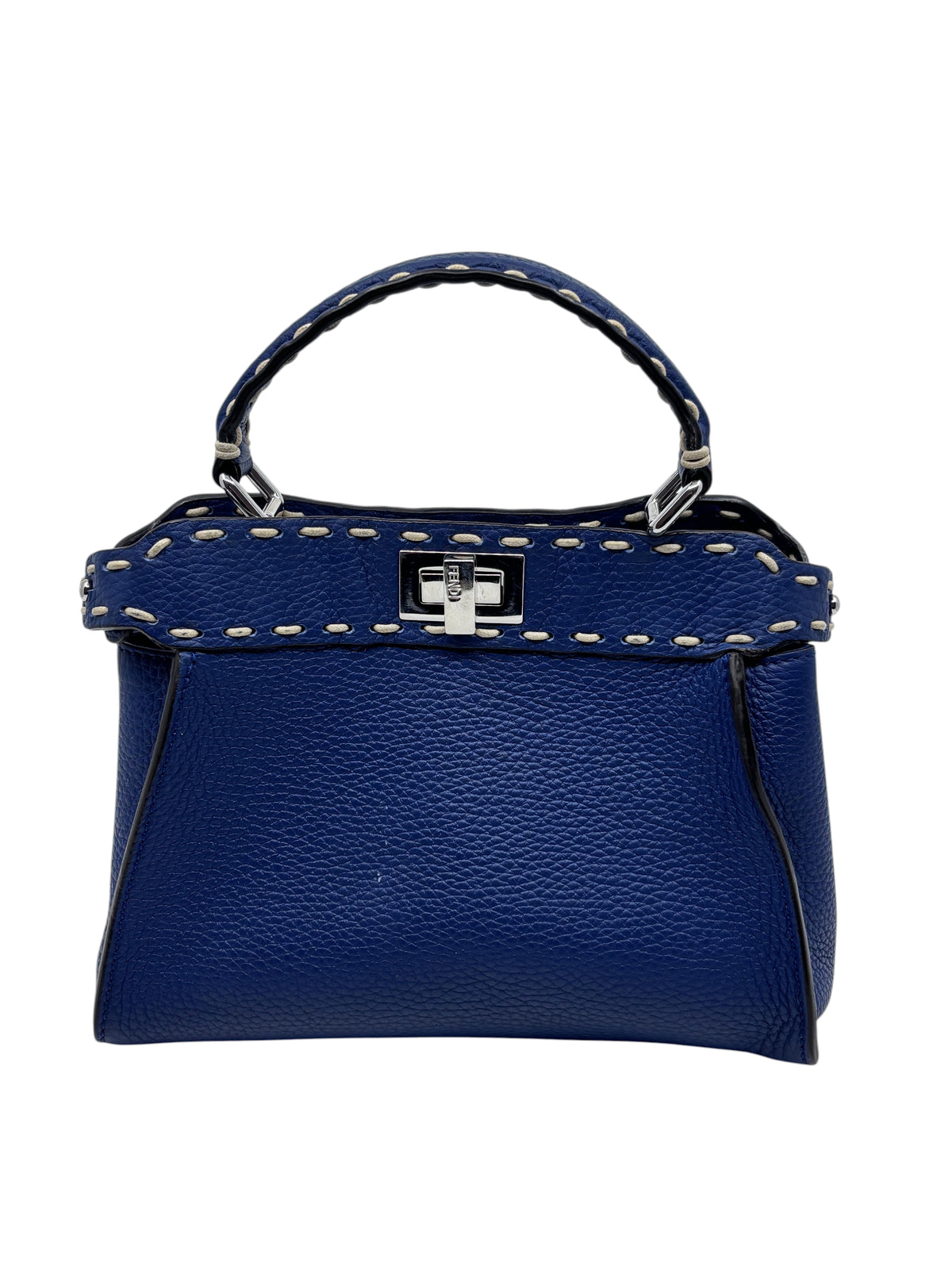 Posh Purse Co. blue Fendi Selleria Peekaboo Mini bag with signature hand-stitched detailing and silver-tone hardware.