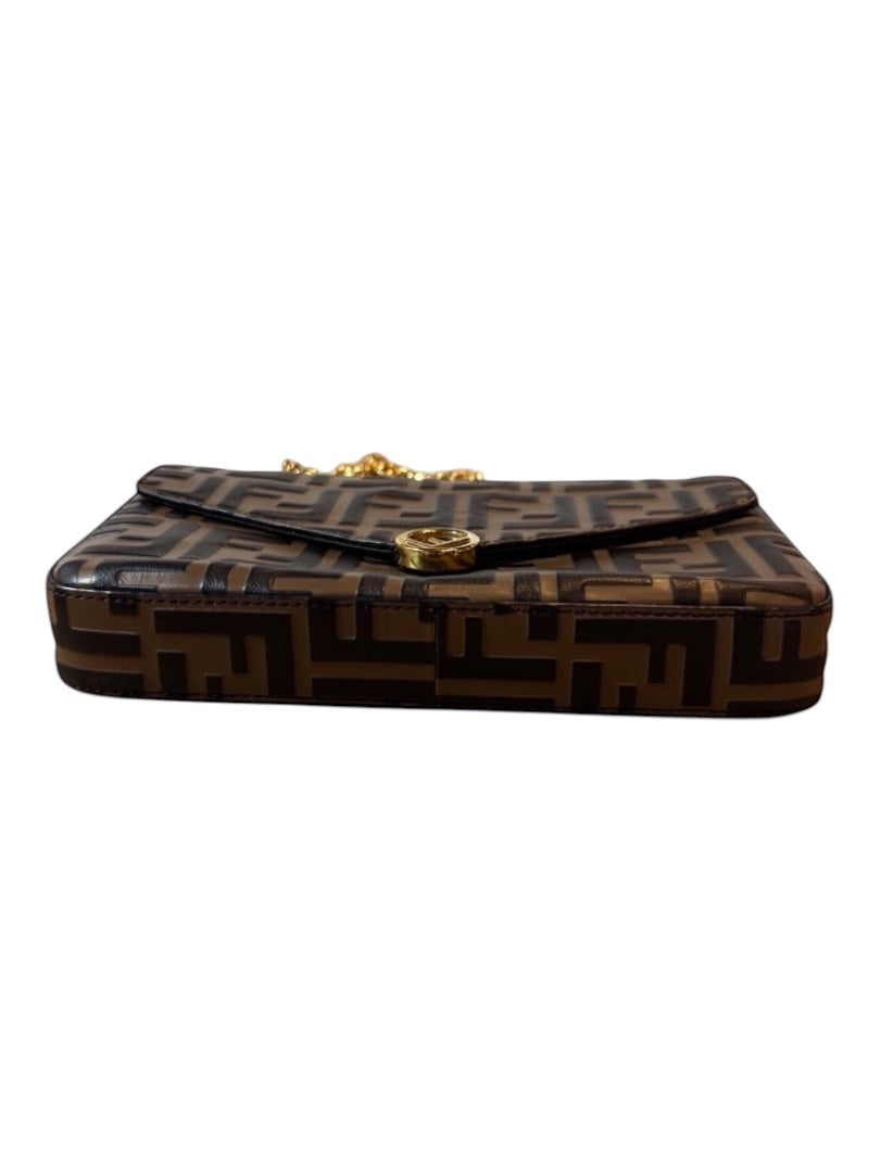 Posh Purse Co brown Fendi Vitello Soft FF embossed wallet on chain with gold hardware and chain strap.