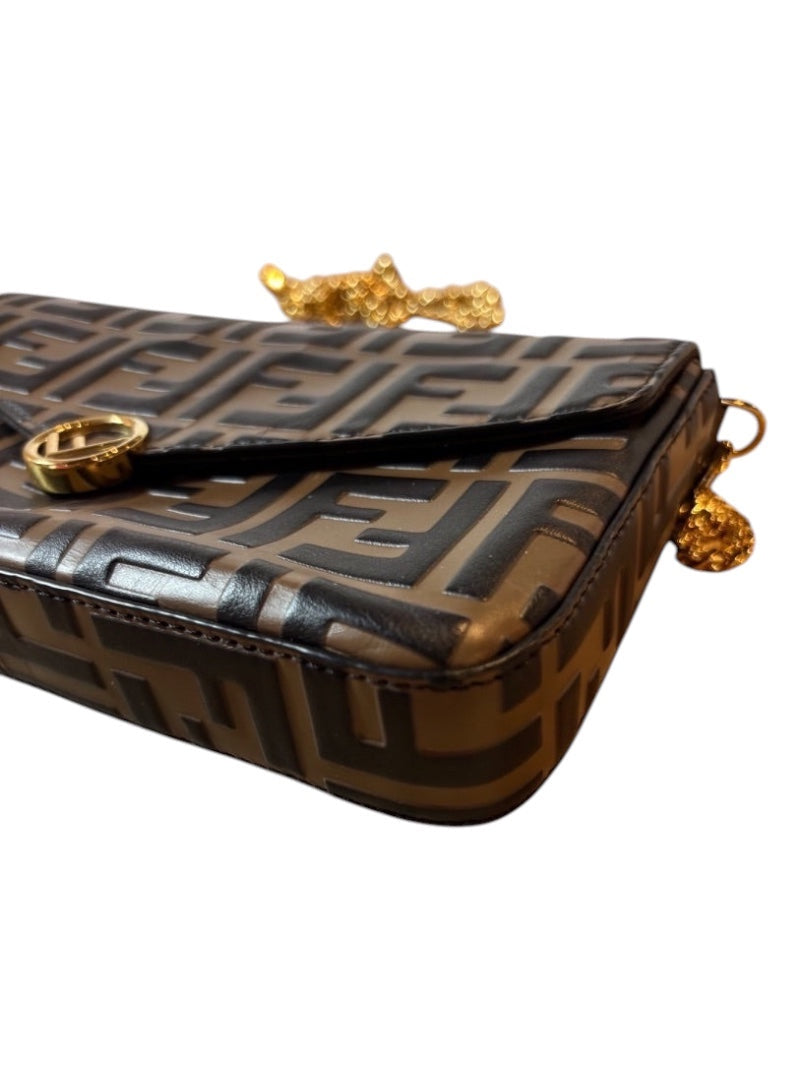 Posh Purse Co brown Fendi Vitello Soft FF embossed leather wallet on chain with gold-tone hardware.