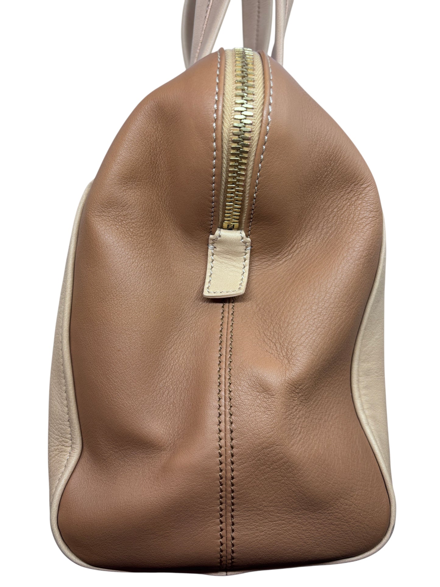 Posh Purse Co brown and tan leather Fendi Chameleon satchel side view showing gold zipper detail