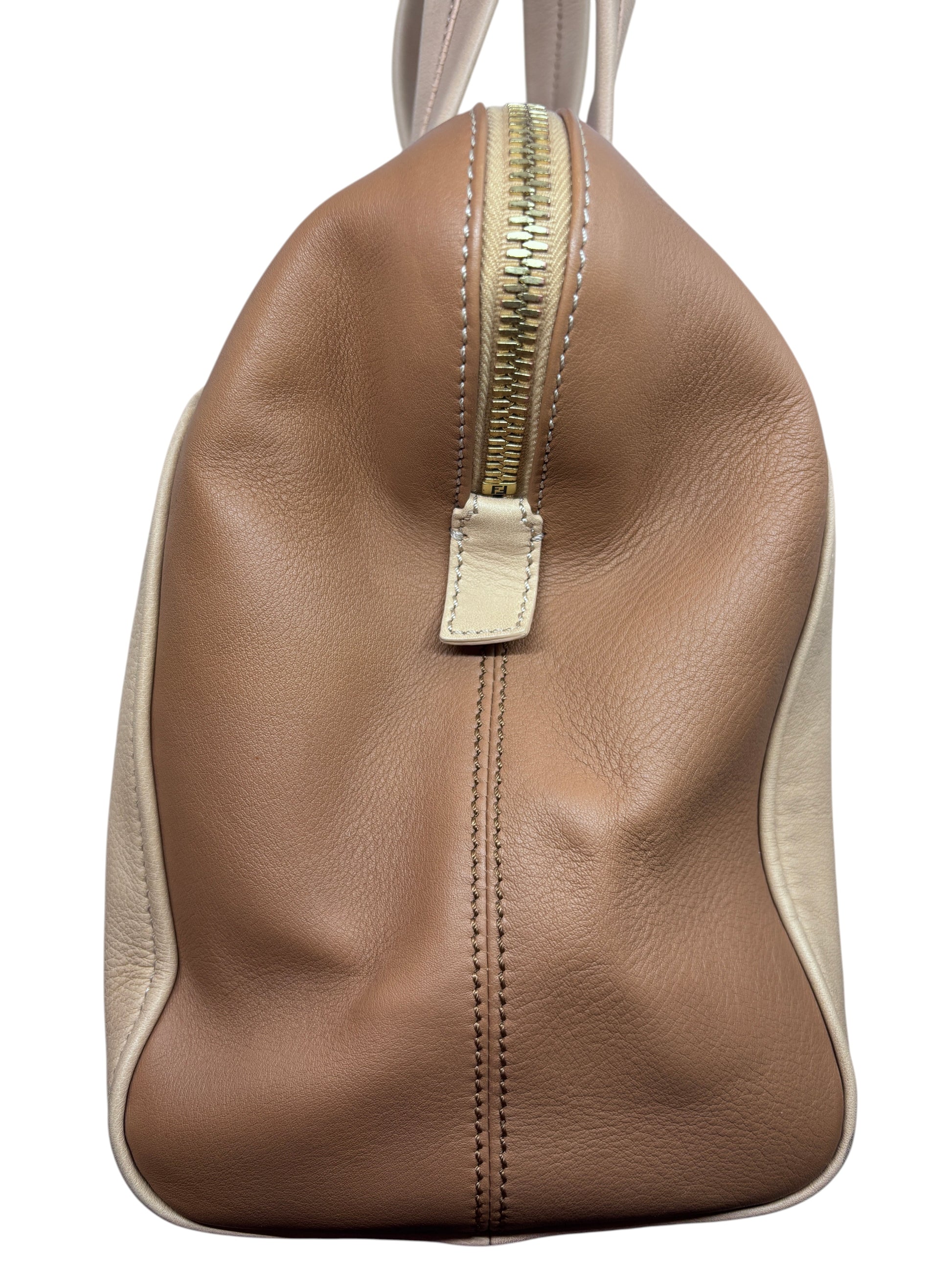 Posh Purse Co brown and tan leather Fendi Chameleon satchel side view showing gold zipper detail