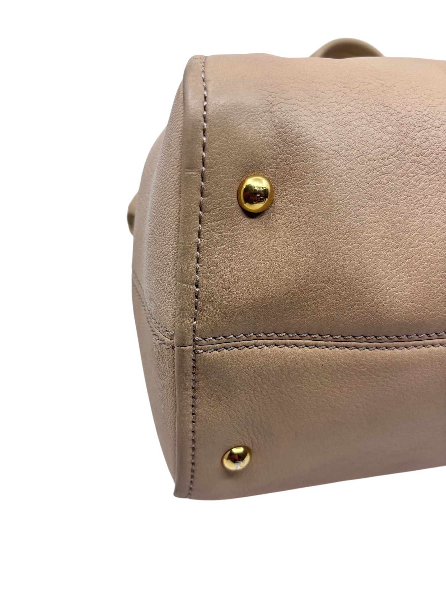 Posh Purse Co brown and tan Fendi Chameleon satchel base with gold protective feet and detailed leather stitching