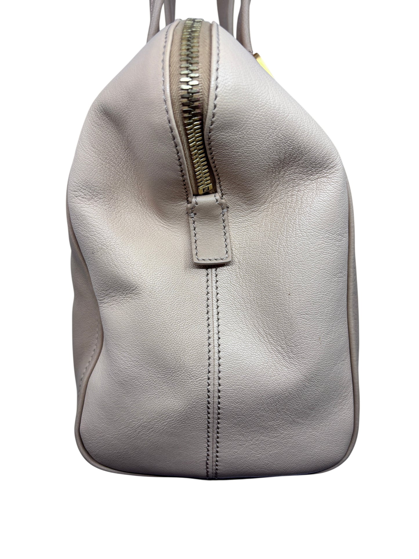 Posh Purse Co preloved Fendi Chameleon satchel in tan leather with gold tone zipper detail and structured side view