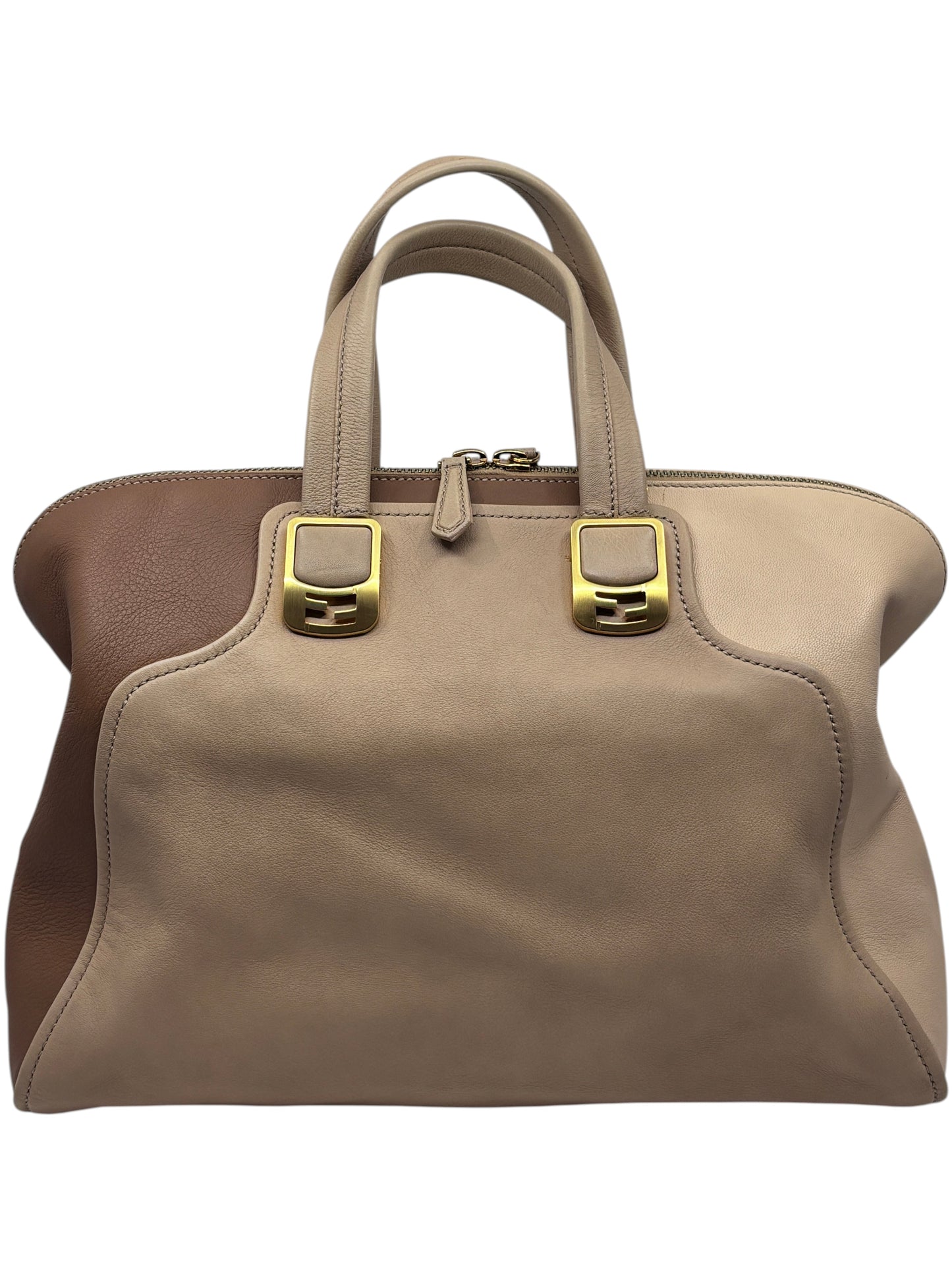 Posh Purse Co brown and tan Fendi Chameleon tri-color leather satchel with gold-tone hardware and structured handles.