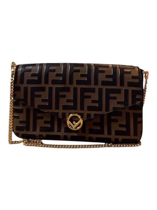 Posh Purse Co brown and black Fendi Vitello Soft FF embossed leather wallet on chain with gold hardware and chain strap.