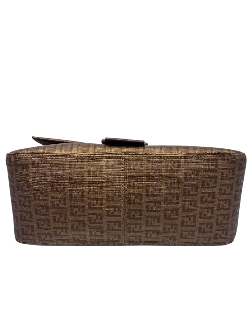 Posh Purse Co vintage Fendi Mama Forever bag featuring the iconic brown FF logo canvas pattern from a side view.