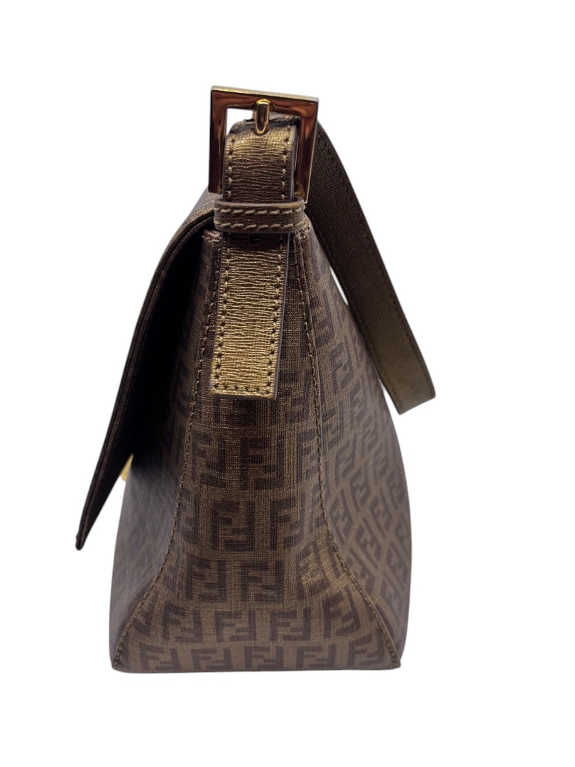 Posh Purse Co vintage Fendi Mama Forever shoulder bag in brown FF logo canvas with side view and leather strap