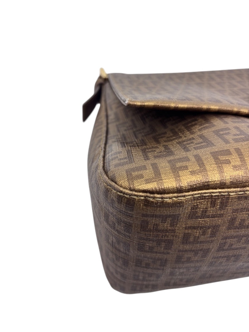 Posh Purse Co vintage Fendi Mama Forever bag in brown FF logo canvas with detailed view of the corner and flap