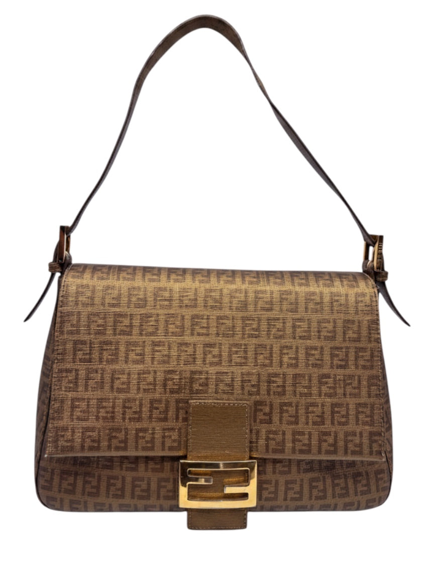 Posh Purse Co vintage Fendi Mama Forever shoulder bag in brown Zucca canvas with gold-tone FF logo hardware