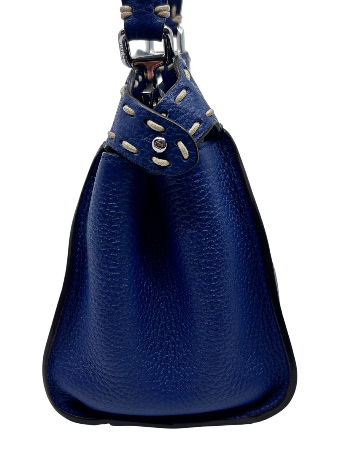 Posh Purse Co. Fendi Selleria Peekaboo Mini bag in blue leather with signature hand-stitched detailing, side view.