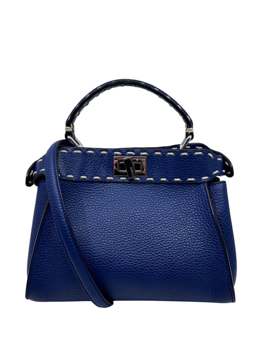 Posh Purse Co. blue Fendi Selleria Peekaboo Mini bag with signature hand-stitched detailing and silver hardware.