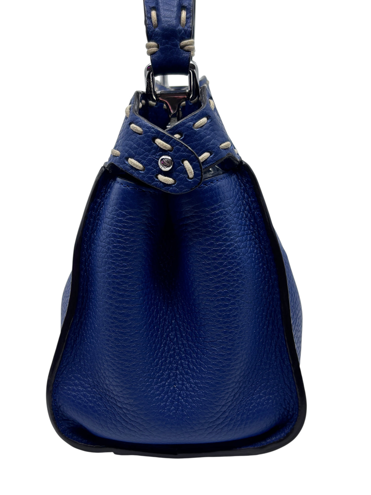 Posh Purse Co Fendi Selleria Peekaboo Mini bag in blue leather with signature hand-stitched detailing and side view.