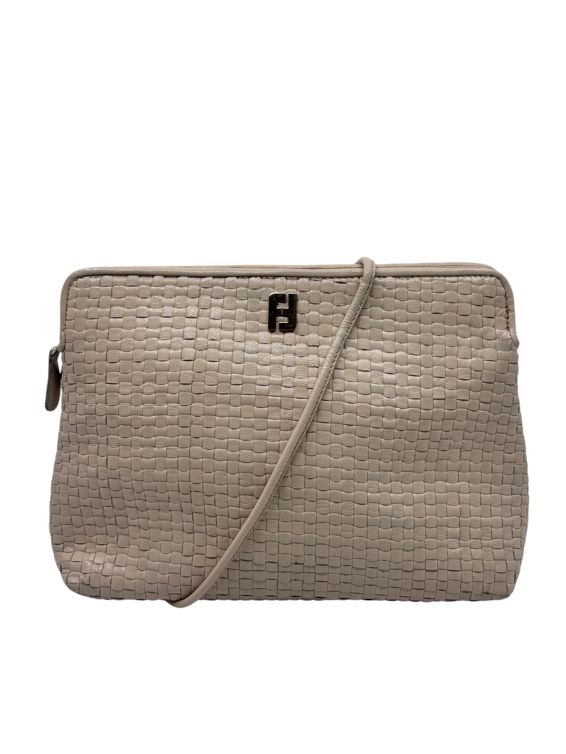 Posh Purse Co vintage Fendi crossbody bag in beige woven straw with a signature Fendi logo hardware detail.