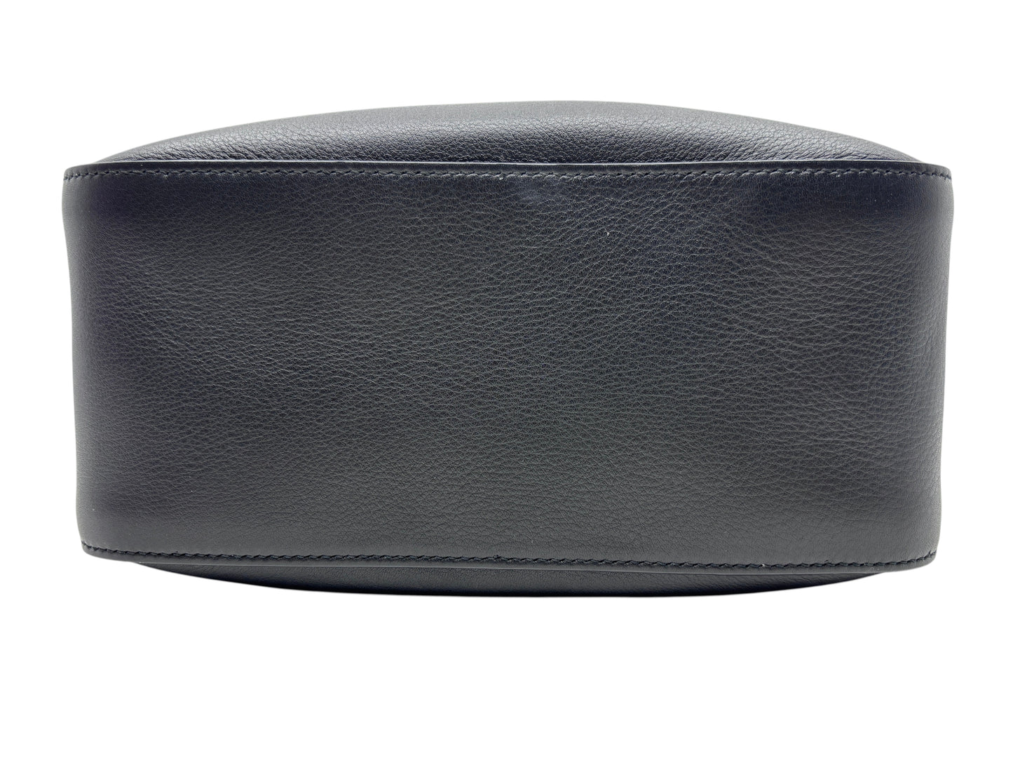 Bottom view of a black Posh Purse Co. Ferragamo triple zip bag showing smooth pebbled leather texture.