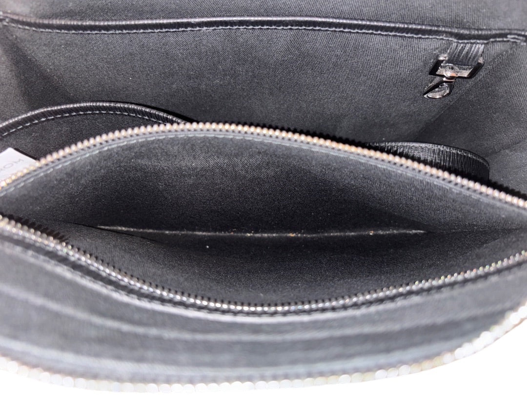 Posh Purse Co Ferragamo Mancini Revival Briefcase interior, black leather with zippered compartments.