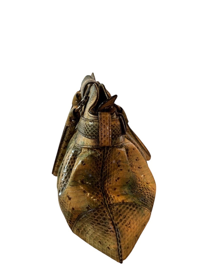 Posh Purse Co. Salvatore Ferragamo Marisa shoulder bag in python leather with gold hardware and Gancini accent.