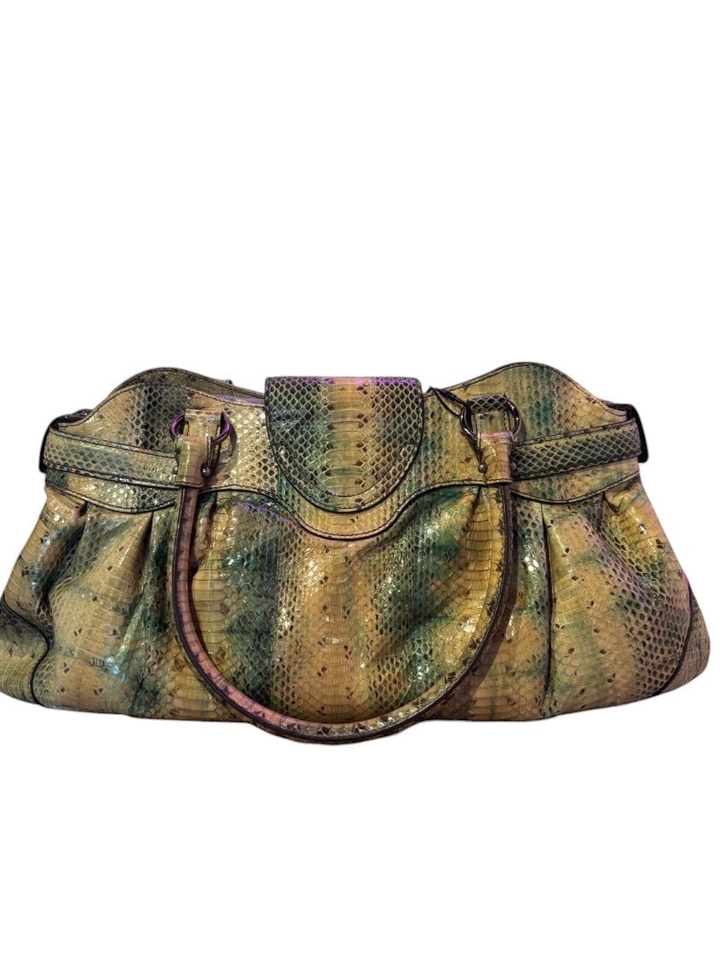 Posh Purse Co. Salvatore Ferragamo Marisa shoulder bag in python leather with gold hardware and Gancini accent.